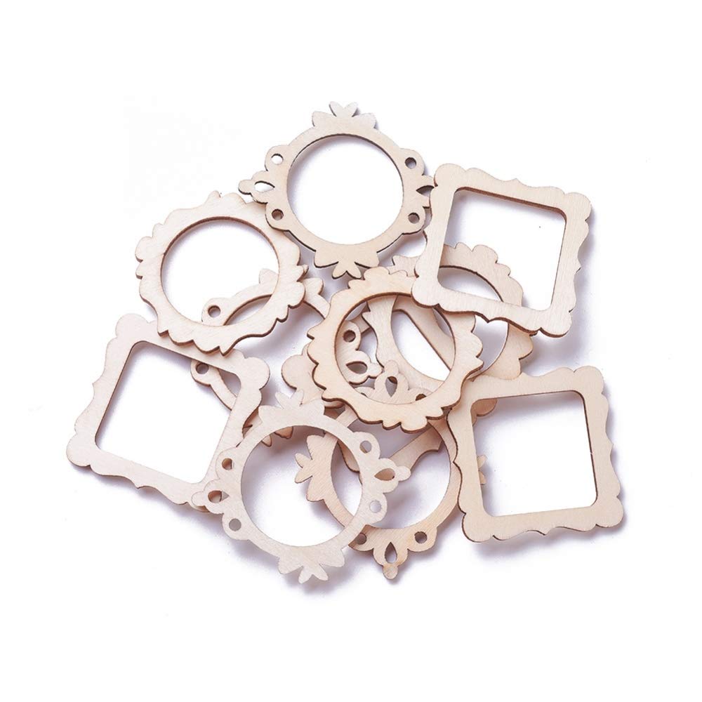 LiQunSweet 100-Pieces 48~64mm Undyed Wood Photo Frame Pendants Wooden Cutout Unfinished Necklace Earrings Charms Mixed Shape for Jewelry Making DIY Craft
