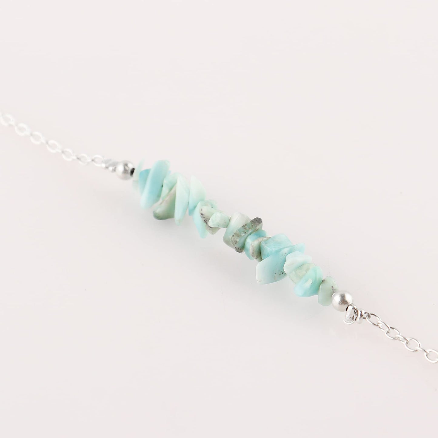 Gemimpression Handmade Larimar Chips Bar Bracelet – Natural Energy Healing Crystals – Silver Plated Adjustable 8 Inch Chain – Christmas Gift