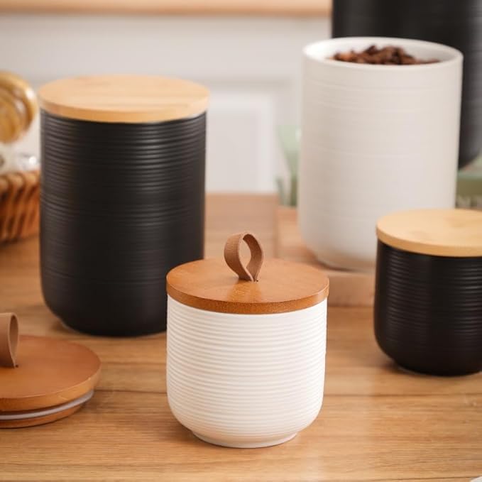 Food Storage Jar Strong Ceramic Storage Canisters with Airtight Wooden Lid,Kitchen Storage Containers for Serving Coffee Beans, Tea, Sugar, Salt, Spices (Medium white 27 oz)