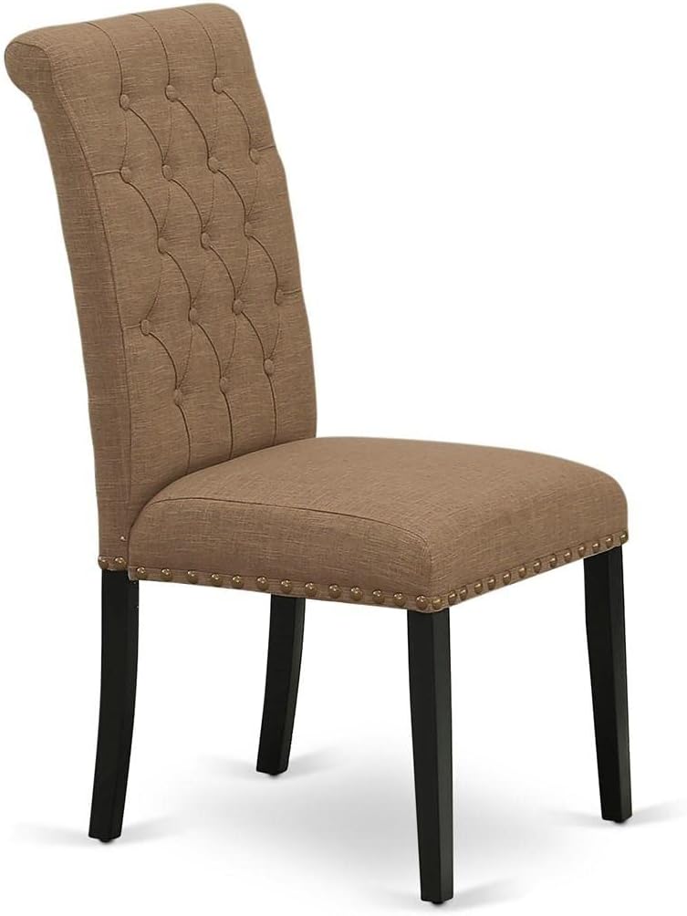East West Furniture BRP1T17 Bremond Parson Dining Room Chairs - Button Tufted Nailhead Trim Light Sable Linen Fabric Padded Chairs, Set of 2, Black