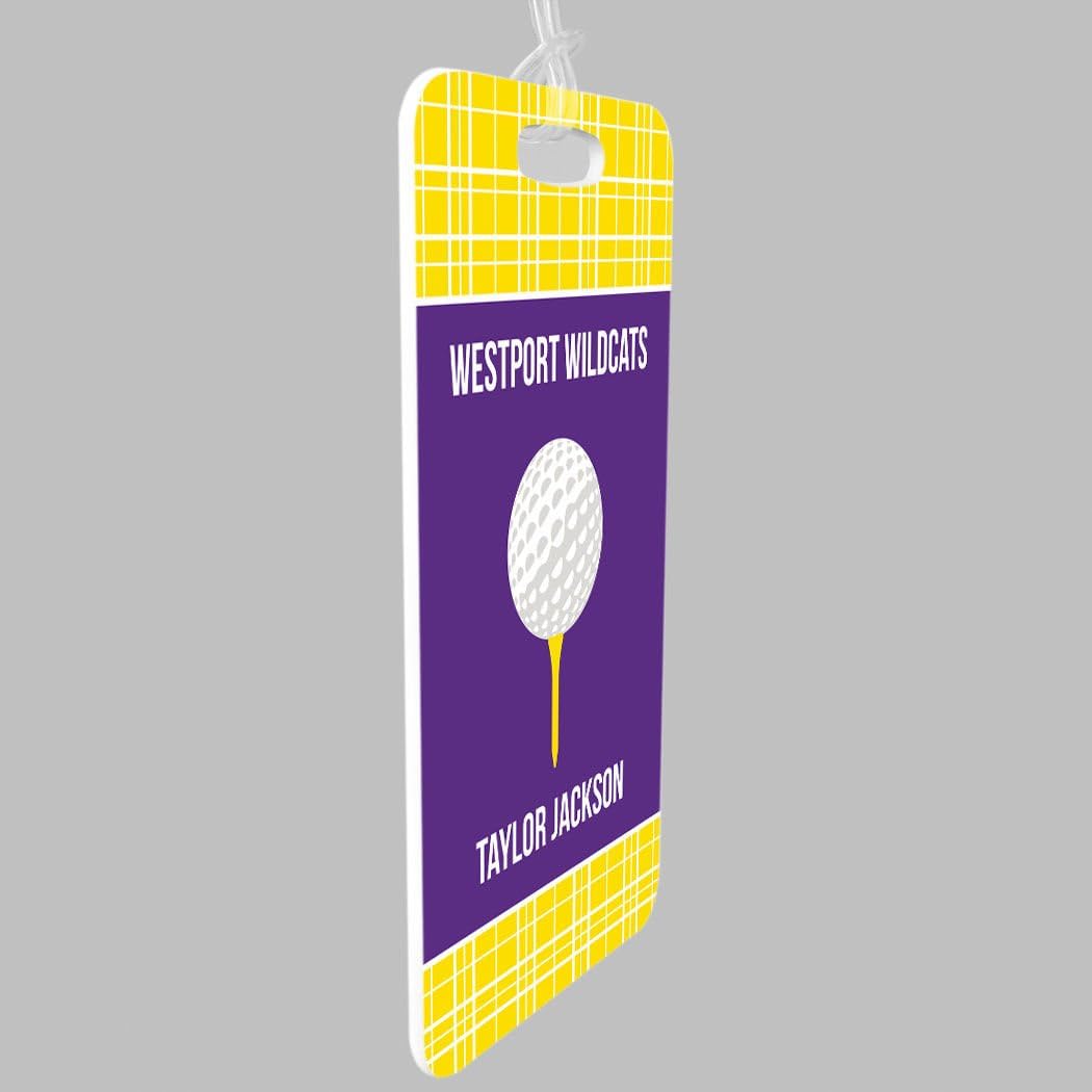 ChalkTalkSPORTS Golf Luggage & Bag Tag | Personalized Team with Golf Ball | Standard Lines on Back | Large | Yellow/Purple