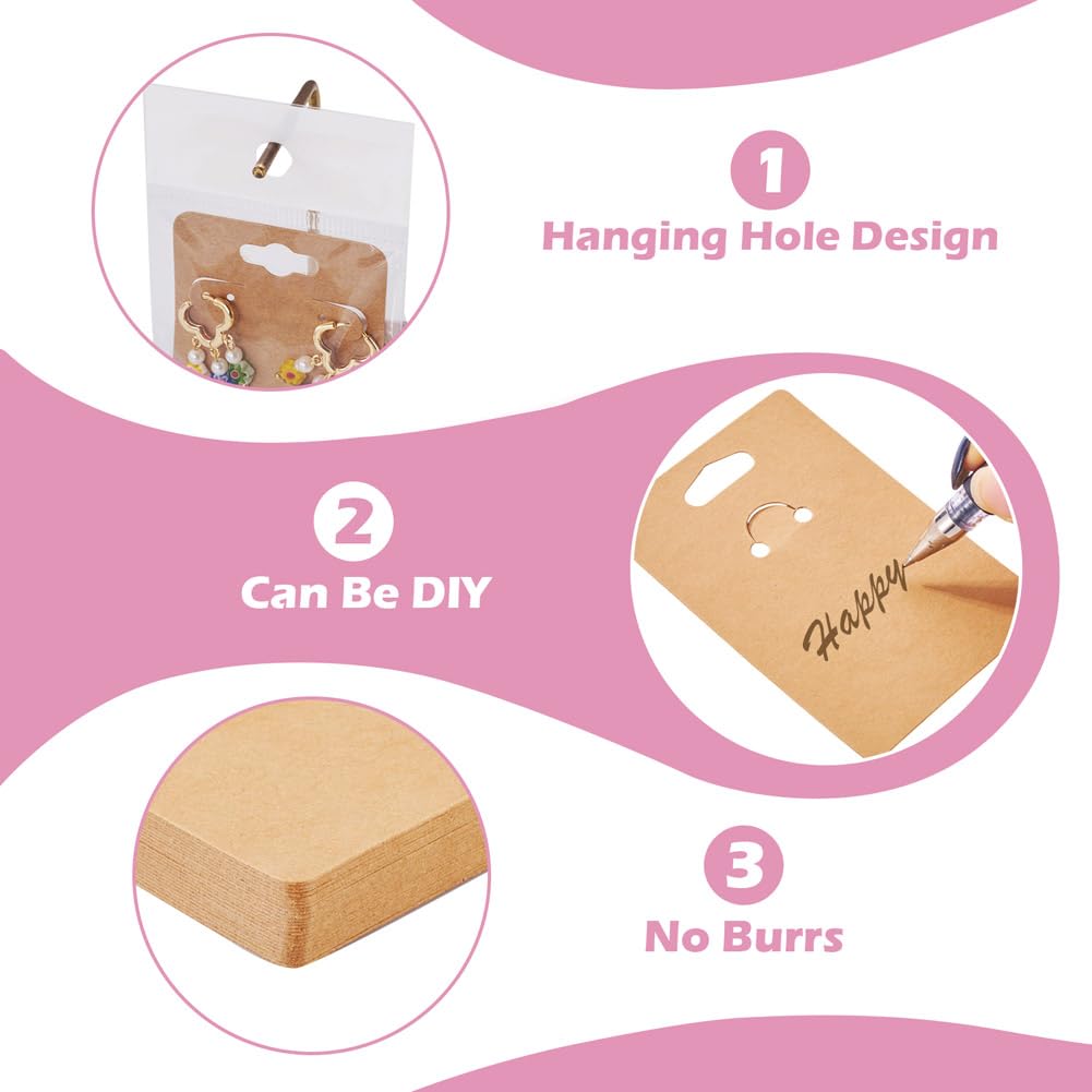 Handship 100Pcs Jewelry Display Cards with 100Pcs Clear Plastic Bags Square Paper Earring Necklace Card Holder Rectangle Keychain Display Cards for Selling Jewelry Packaging Supplies, BurlyWood