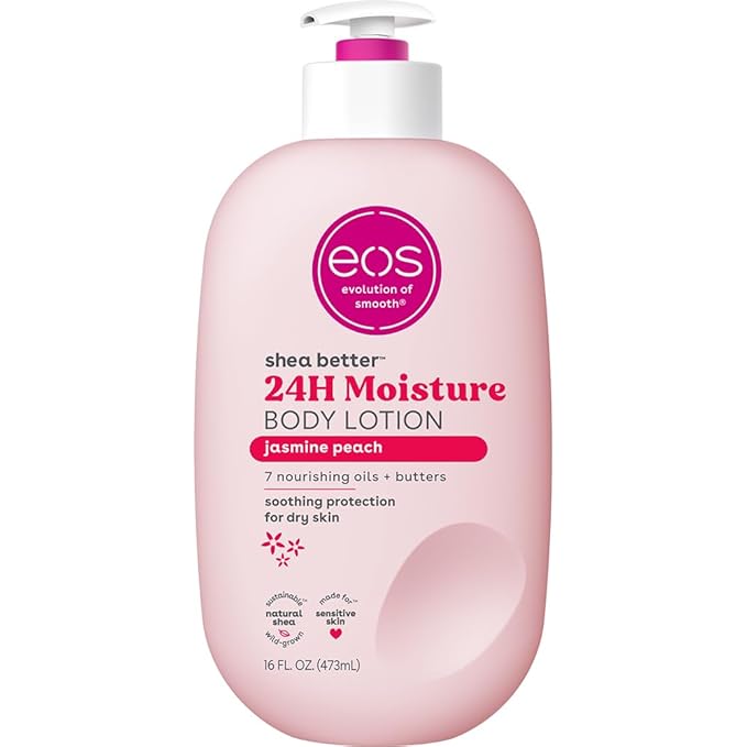 eos Shea Better Body Lotion Jasmine Peach, 24-Hour Moisture Skin Care, Lightweight & Non-Greasy, Natural Shea, Vegan, 16 fl oz