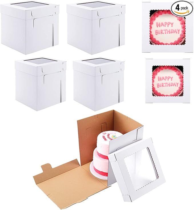 Tall Cake Boxes for Tier Cakes,2 Sizes 4 Pack 10x10x12in and 12x12x12in,Sturdy Cardboard Cake Boxes Shipping in 2 3 Tier for Layer Tiered Cakes，Disposable Cake Containers