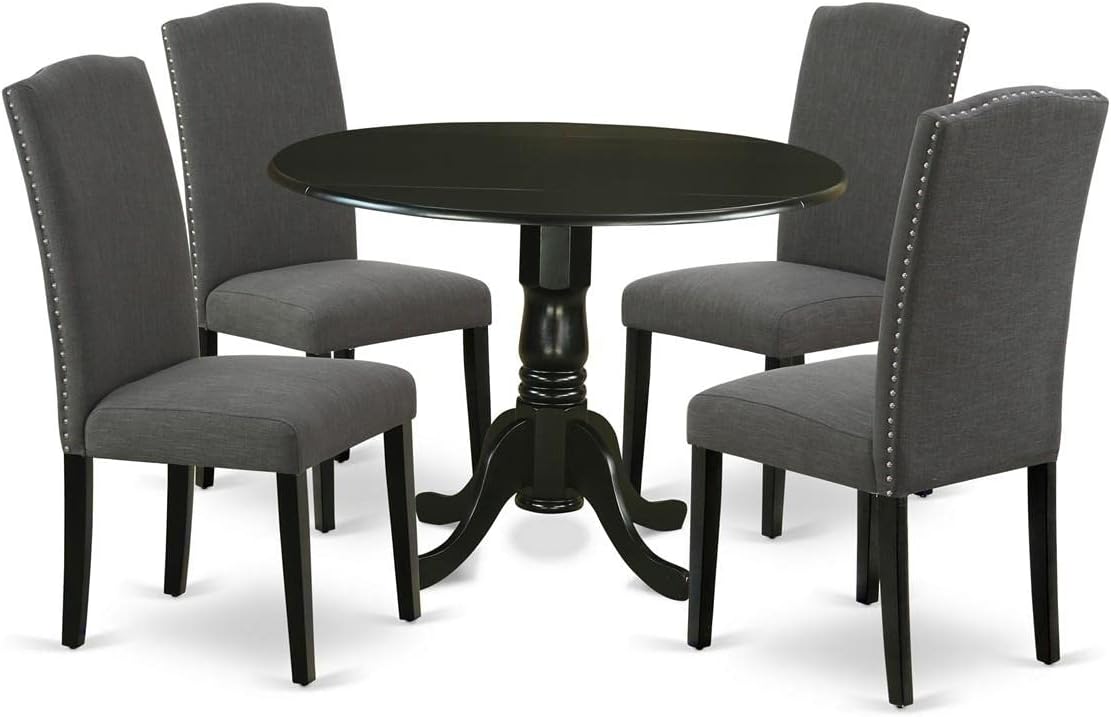 East West Furniture DLEN5-BLK-20 5 Piece Dining Set Includes a Round Dining Room Table with Dropleaf and 4 Dark Gotham Linen Fabric Upholstered Parson Chairs, 42x42 Inch, Black