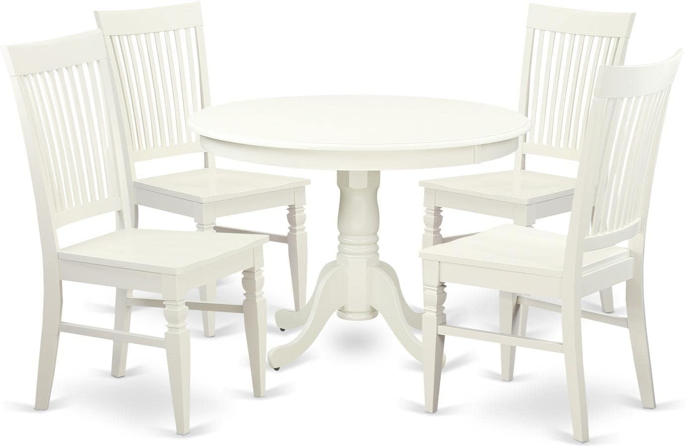 East West Furniture HLWE5-LWH-W 5 Piece Dining Set Includes a Round Dining Table with Pedestal and 4 Kitchen Chairs, 42x42 Inch, Linen White