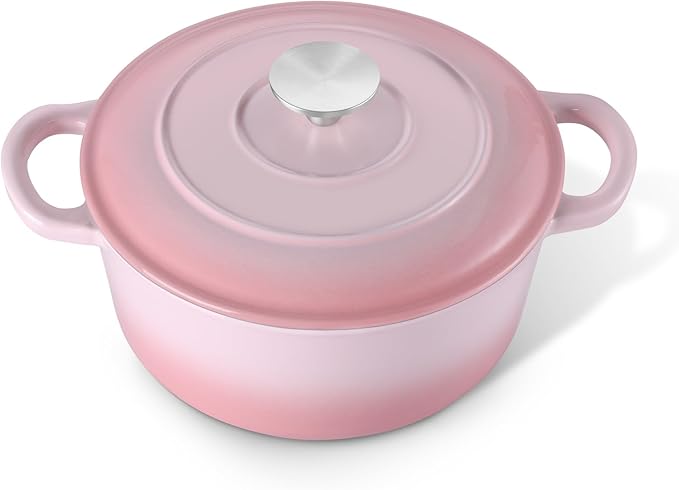 E-far 3 Qt Enameled Cast Iron Dutch Oven with Lid, Small Round Nonstick Dutch Oven Pot for Bread Baking Braising Stews Roasting Cooking, Heavy Duty, Induction & Oven Safe - Pink