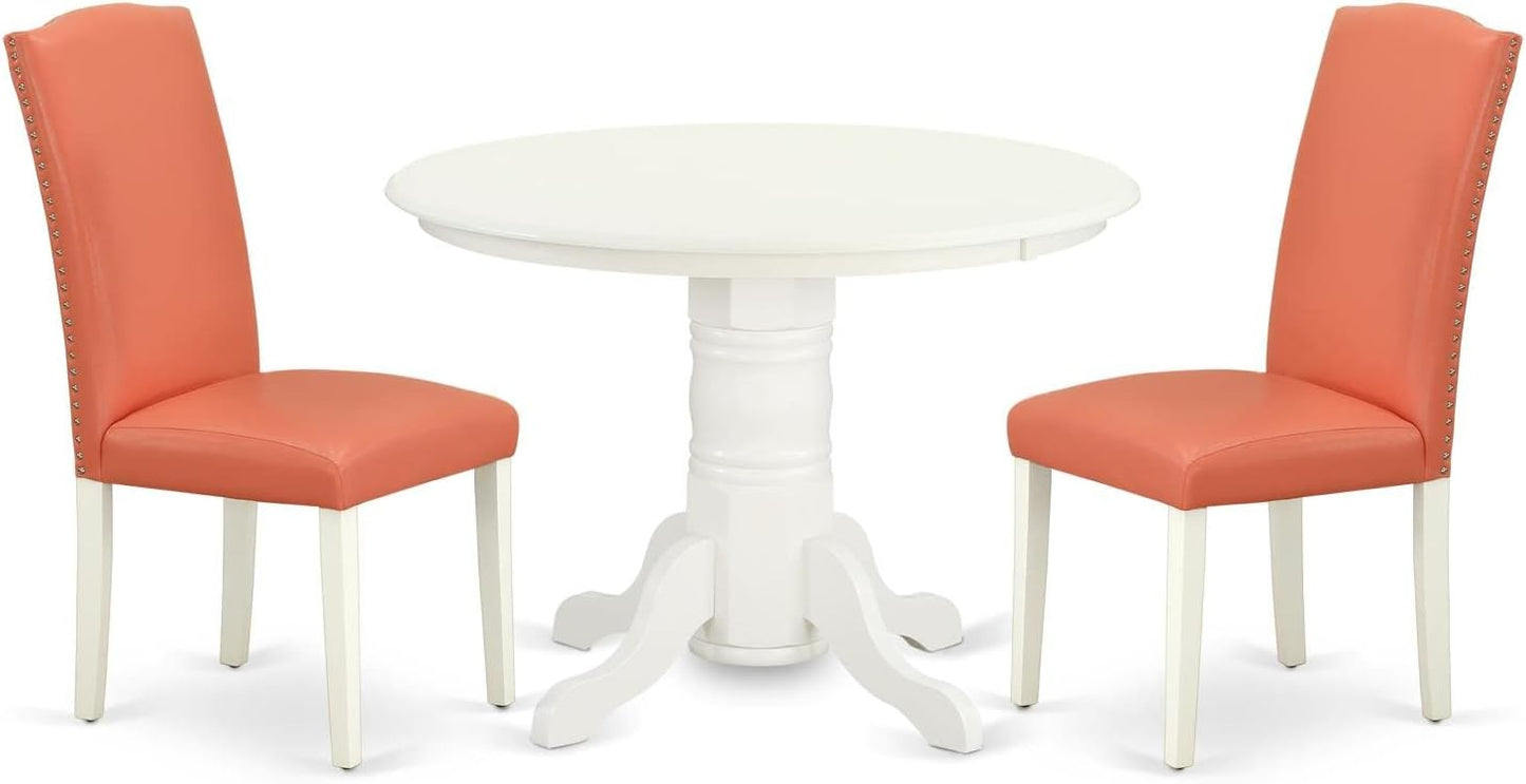East West Furniture SHEN3-LWH-78 3 Piece Dining Table Set Contains a Round Kitchen Table with Pedestal and 2 Pink Flamingo Faux Leather Upholstered Chairs, 42x42 Inch, Linen White