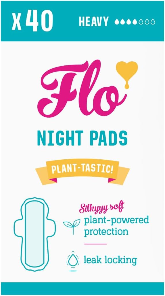 Flo - Night Menstrual Pads (40 Pack) - Heavy Flow - Leak Locking - Winged + Ultra-Thin - Natural, Absorbent, Soft, & Breathable - Bamboo Period Pads for Women - Plant Based - Vegan & Cruelty Free