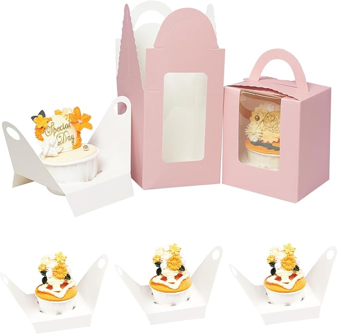 Bakepacker Auto-pop up Individual Cupcake Boxes with Window 25 Count Pink Single Cupcakes Box 3.7 x 3.7 x 4.3inch Cupcake Carrier