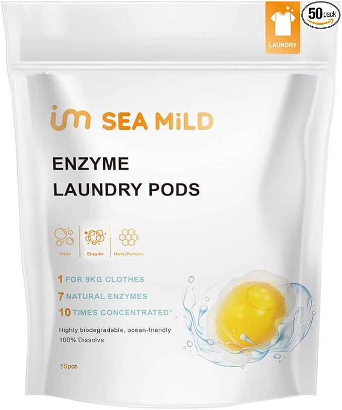 Laundry Detergent Pods for Sensitive Skin – 7 Enzymes Deep Stain Removal, Plant-Based, Chemical-Free, Eco-Friendly Water-Soluble Wrap, Hypoallergenic, 50 Count