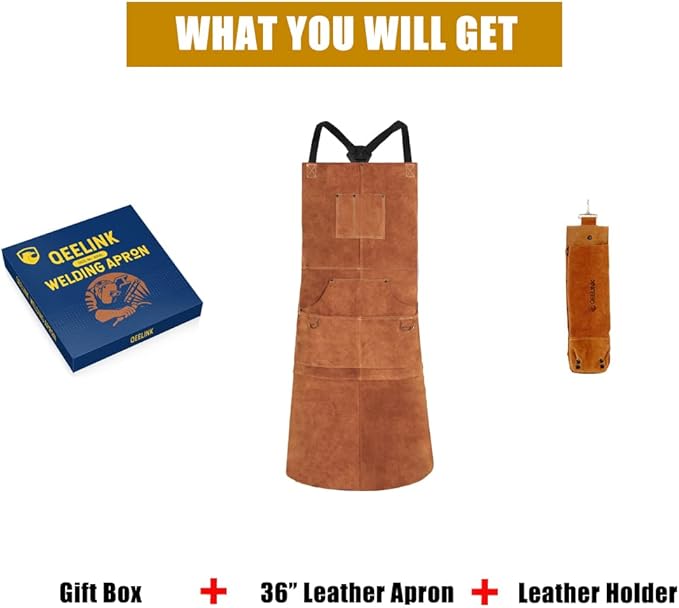 QeeLink Leather Welding Work Apron with 6 Tool Pockets, Heat & Flame Resistant Welder Aprons, 24" x 36", Adjustable M to XXXL