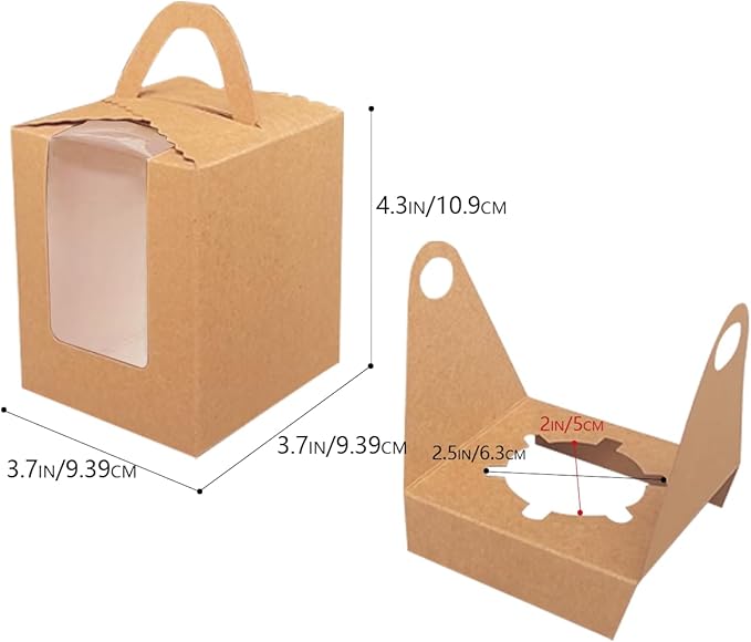 Bakepacker Auto-pop up Individual Cupcake Boxes with Window 25 Count Brown Single Cupcakes Box 3.7 x 3.7 x 4.3inch Cupcake Carrier