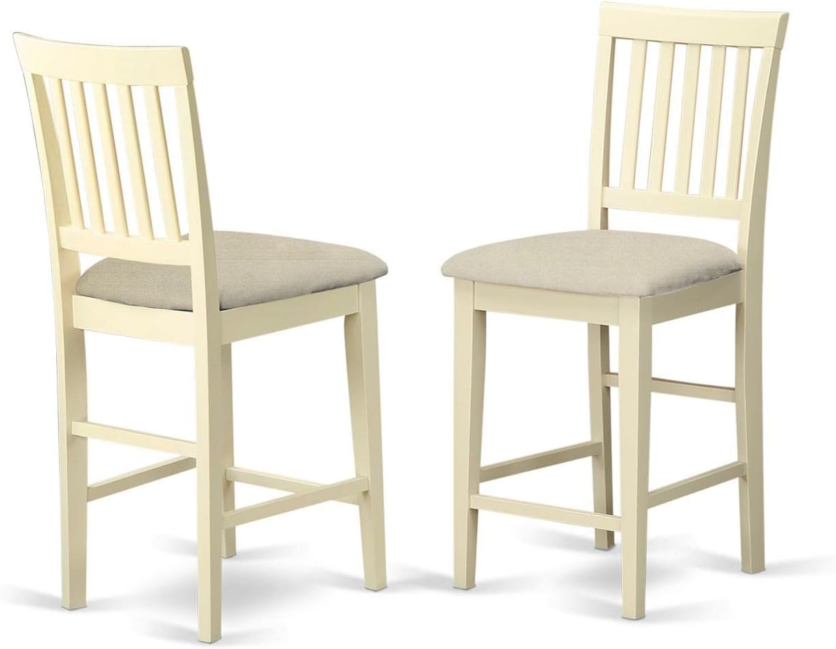 East West Furniture EDVN3-WHI-C 3 Piece Kitchen Counter Height Dining Set Contains a Round Dining Room Table with Pedestal and 2 Linen Fabric Upholstered Chairs, 30x30 Inch, Buttermilk & Cherry