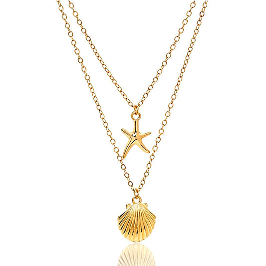 Yalice Starfish Layered Necklace Chain Boho Shell Pendant Necklaces Beach Surfer Costume Jewelry for Women (Gold)