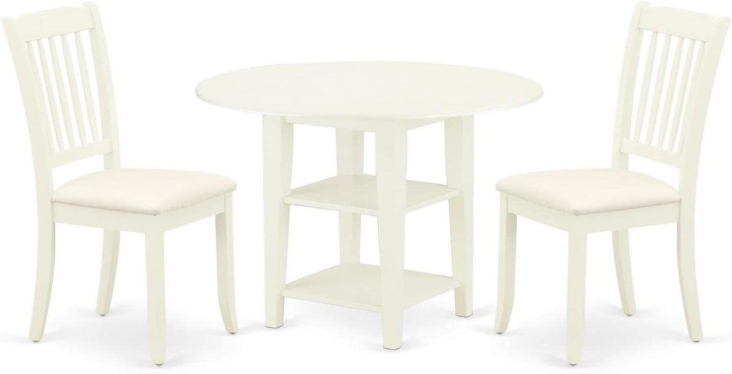 East West Furniture SUDA3-LWH-C 3 Piece Dining Table Set Contains a Round Dining Room Table with Dropleaf & Shelves and 2 Linen Fabric Upholstered Chairs, 42x42 Inch, Linen White