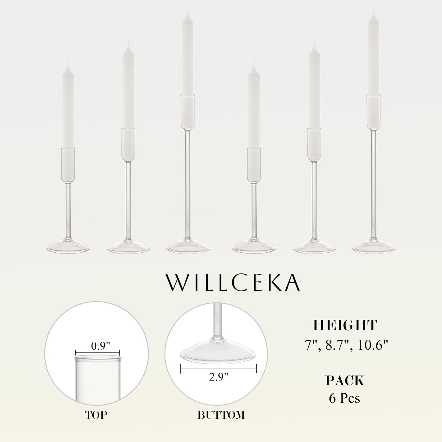 Willceka Candle Holder, Glass Taper Candle Tall Candlestick Holder, 3 Different Heights, for Table Centerpiece, Wedding, Party, Clear, 6pcs