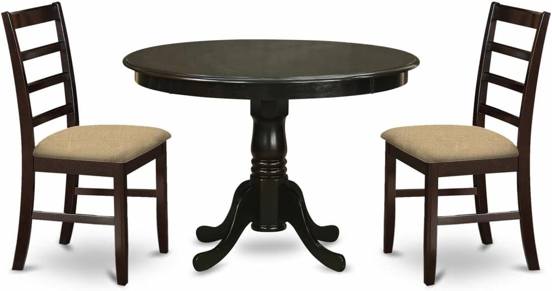 East West Furniture HLAN3-CAP-C 3 Piece Dining Table Set for Small Spaces Contains a Round Dining Room Table with Pedestal and 2 Linen Fabric Upholstered Chairs, 42x42 Inch, Cappuccino