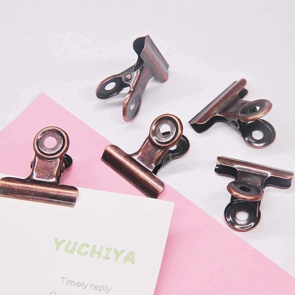 Bulldog Clips with Hole for Push-pin, Paper File Clips with Strong Spring, Small Metal Binder Clips, Seal Clamps for Coffee Tea Food Bags, Decorative Clips for DIY Photo Grid (Copper, 22 mm)