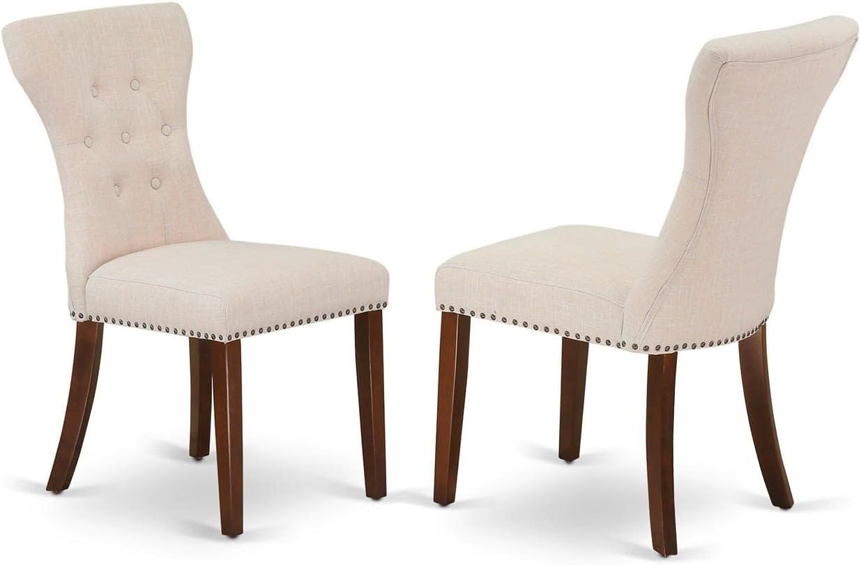 East West Furniture DLGA3-MAH-32 3 Piece Modern Dining Table Set Contains a Round Wooden Table with Dropleaf and 2 Light Beige Linen Fabric Parsons Dining Chairs, 42x42 Inch, Mahogany