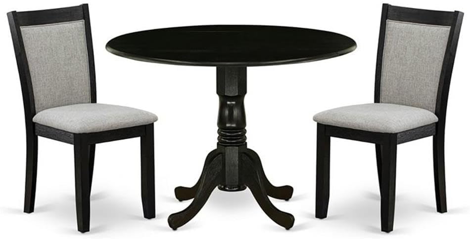 East West Furniture DLMZ3-AB6-06 3 Piece Modern Dining Table Set Contains a Round Wooden Table with Dropleaf and 2 Shitake Linen Fabric Parsons Dining Chairs, 42x42 Inch, Wirebrushed Black