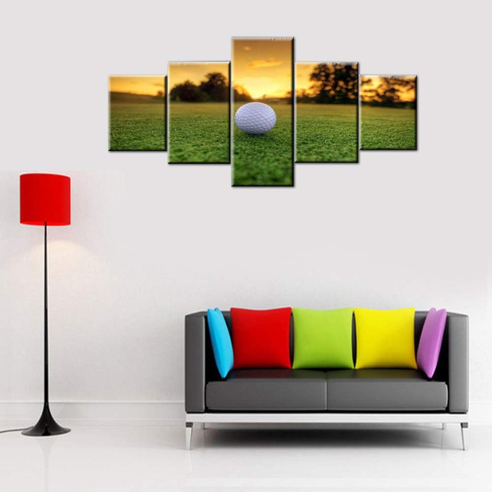 Landscape Pictures Wall Decor Green Golfing Course Wall Art White Golf Ball Artwork for Living Room 5 Piece Canvas Prints Paintings Contemporary House Decorations Framed Ready to Hang(50''Wx24''H)