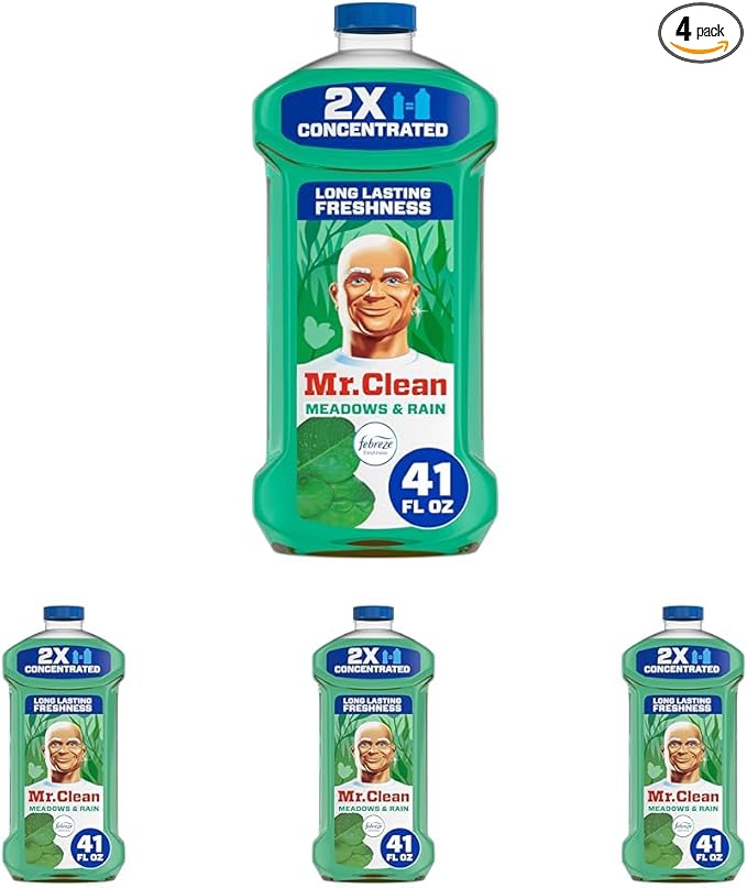 Mr. Clean All Purpose Cleaner, Floor Cleaner for Mopping Home, Bathroom, & Kitchen, Cleaning Liquid for Mop & Bucket, Cleaning Supplies, Multi-Surface Dilutable, Meadows & Rain, 41oz (Pack of 4)