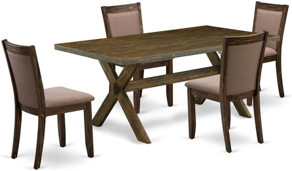 East West Furniture X777MZ748-5 5 Piece Kitchen Table & Chairs Set Includes a Rectangle Dining Room Table with X-Legs and 4 Coffee Linen Fabric Upholstered Chairs, 40x72 Inch, Multi-Color
