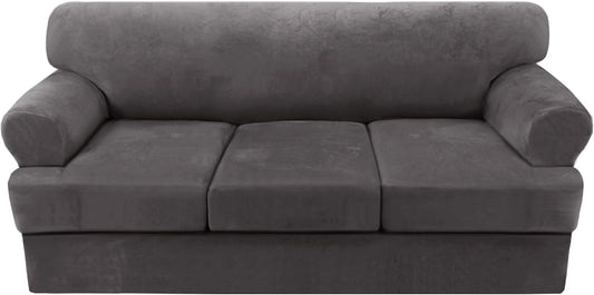 H.VERSAILTEX 4 Piece T Cushion Sofa Slipcovers Thick Velvet Stretch Couch Cover Furniture Protector for 3 Couch Covers with 3 Individual T Cushion Covers Washable, Grey