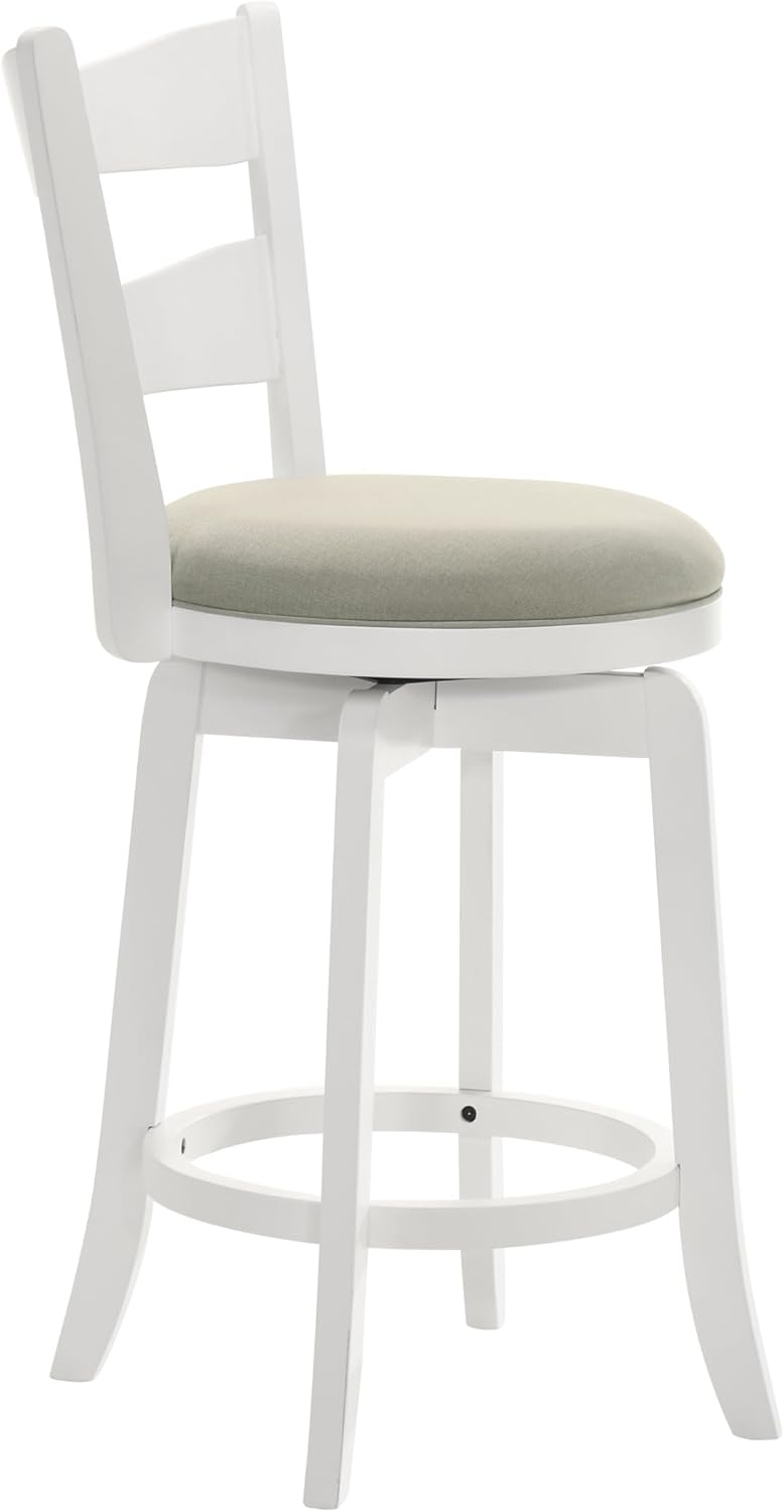Armen Living Blair 30 in. Matte White Bar Height Rubberwood Swivel Barstool with Fog Fabric Seat - Set of 2