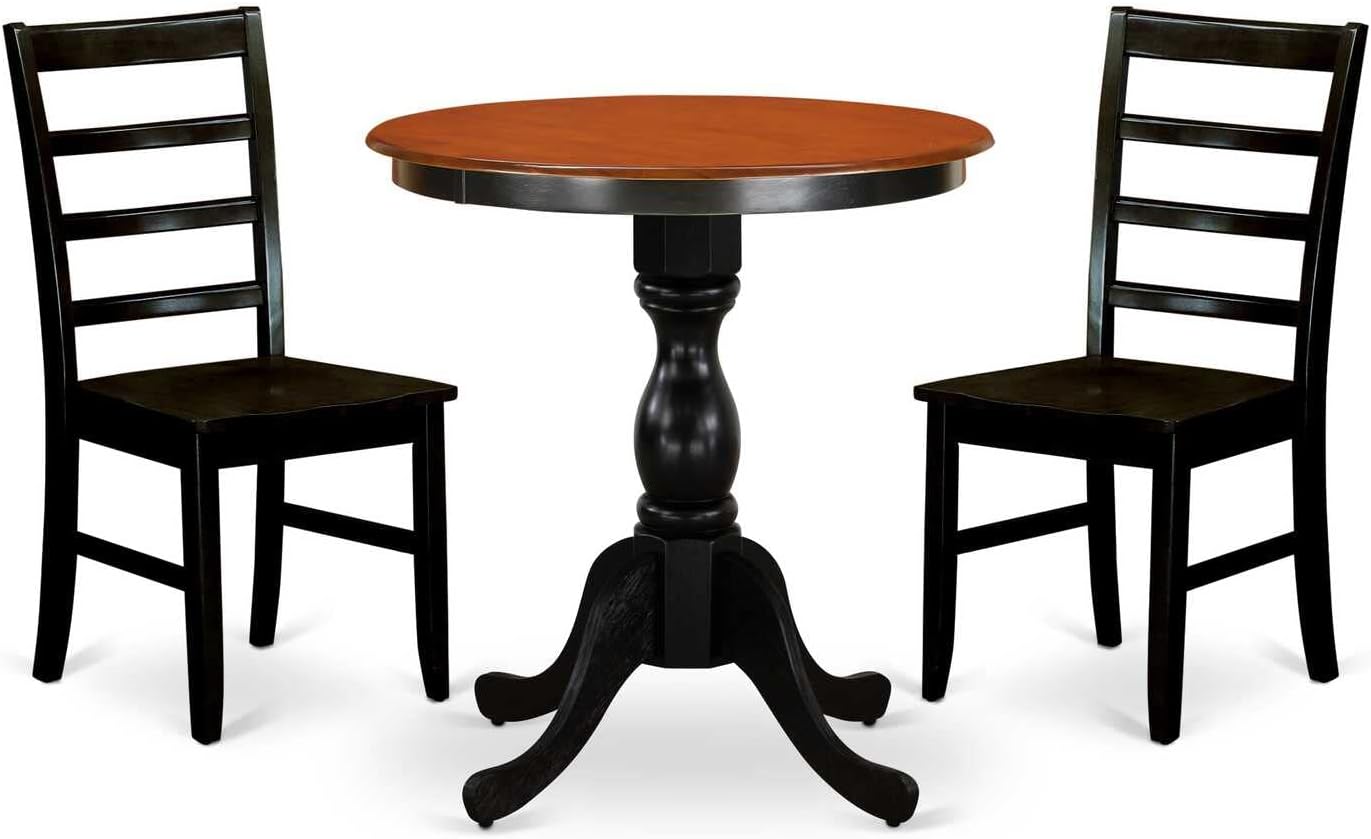 East West Furniture ESVA3-BCH-C 3 Piece Kitchen Table Set for Small Spaces Contains a Round Dining Room Table with Pedestal and 2 Linen Fabric Upholstered Chairs, 30x30 Inch, Black & Cherry