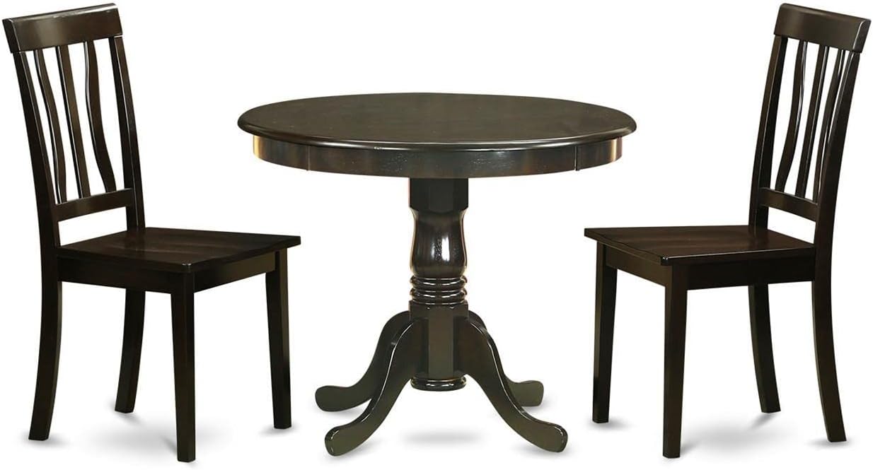 East West Furniture ANTI3-CAP-W 3 Piece Dining Set Contains a Round Kitchen Table with Pedestal and 2 Dining Chairs, 36x36 Inch, Cappuccino