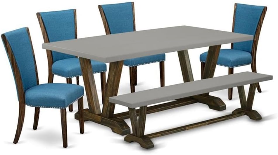 East West Furniture V797VE721-6 6 Piece Dinette Set Contains a Rectangle Dining Table with V-Legs and 4 Blue Color Linen Fabric Parson Chairs with a Bench, 40x72 Inch, Multi-Color
