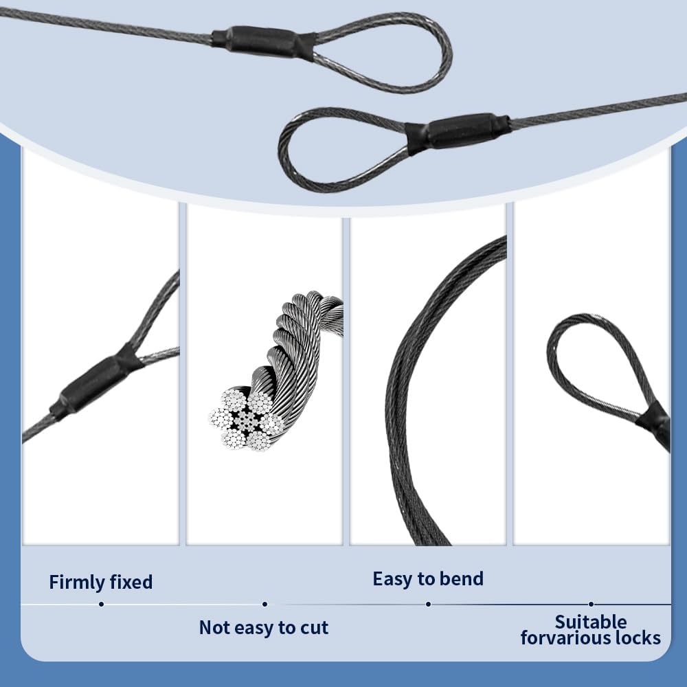 3.3mm (1/8 Inch) Outdoor Travel Stainless Steel Security Cable-3ft Luggage Lock Safety Wire Flexible Steel Wire Rope with Double Loop Safety for Luggage, Bike, Lock(Balck*2, 3ft-(2Pack)