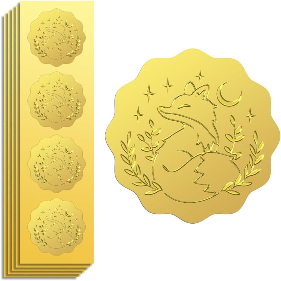 Peacoblue Gold Foil Sticker Seal Embossed 2 Inch 100Pcs Fox and Moon, Self Adhesive Gold Around Embossing Sticker for Invitation Certificate Envelope Seal Gift Card Decoration