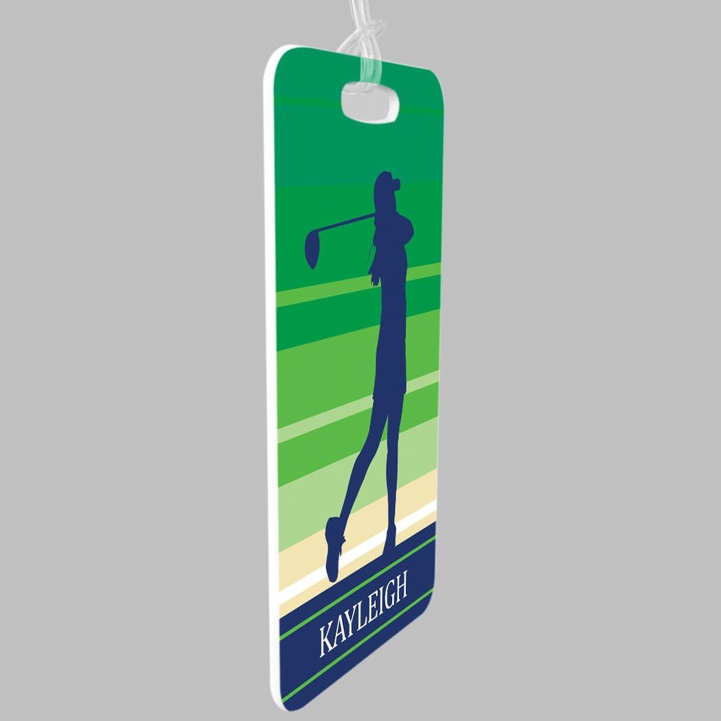 ChalkTalkSPORTS Golf Luggage & Bag Tag | Personalized Female Golfer | Standard Lines on Back | Small | Green