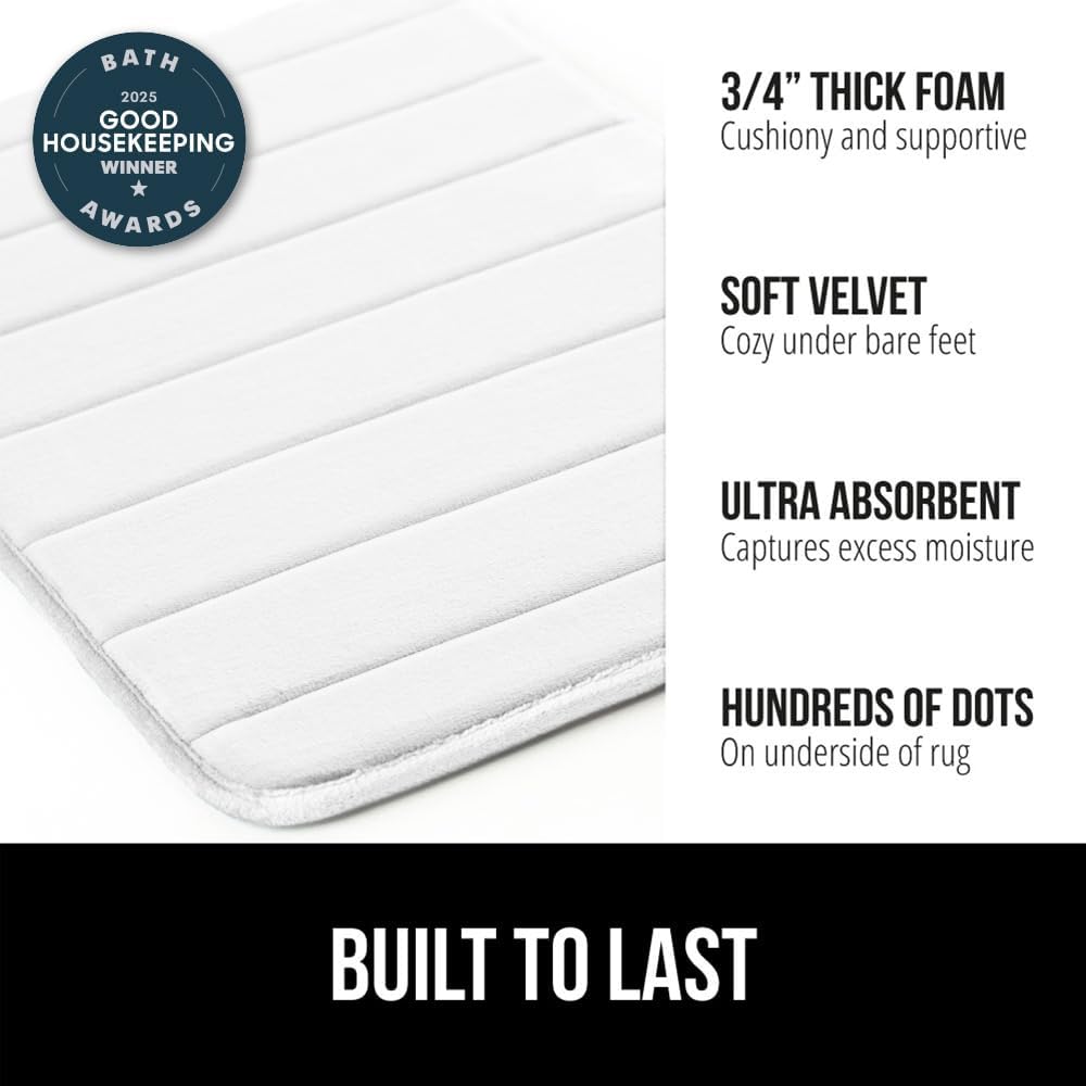 GORILLA GRIP Memory Foam Bath Mat, Soft Absorbent US Designed Bathroom Rug, Gripping Dots Machine Washable Bathmat, Cushioned Floor Mats, Shower Sink Rugs Room Décor Accessories, 42x24 White