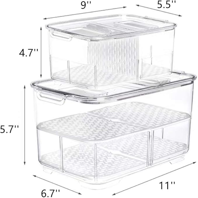Slideep Food Storage Containers, Lettuce Keeper Stackable Fridge Produce Saver with Lids, Removable Drain Tray Drawers Refrigerator Produce Keeper for Veggie, Berry, Fruits, Vegetables -2 Pack