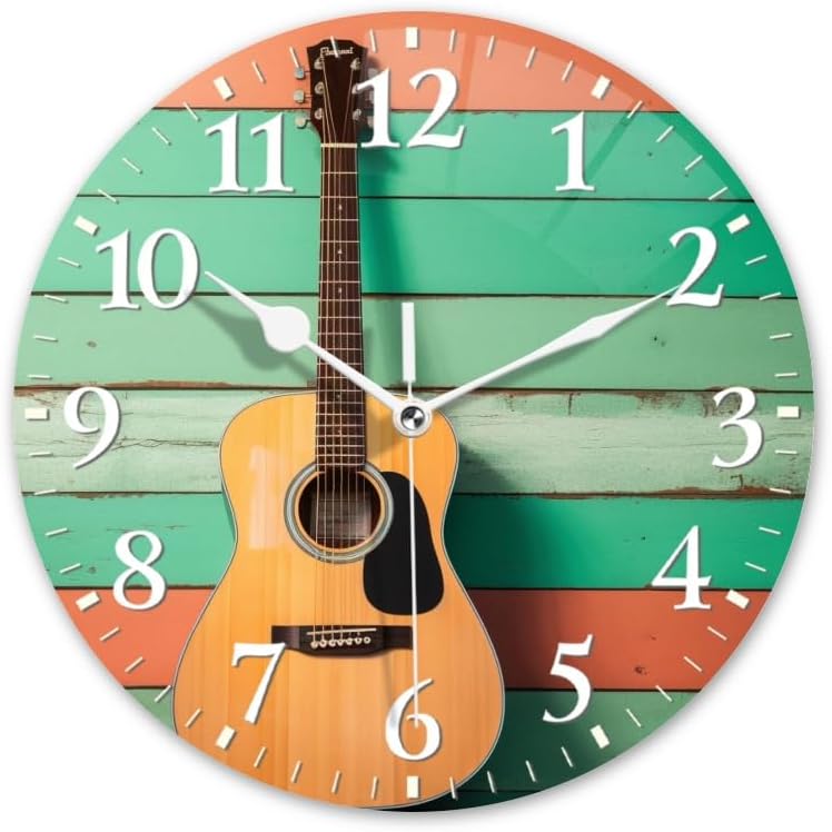 Guitar Wall Clock Non-Ticking Silent Clocks Battery Operated Analog Decor Clock for Home-Acoustic Guitar Leaning Against Wooden Wall(10inch)