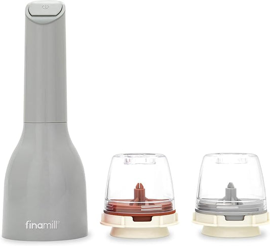FinaMill Classic Battery Spice Mill – Battery Operated Salt and Pepper Grinder Set, Includes 2 Interchangeable Spice Pods, Adjustable Coarseness, Ceramic Grinder, LED Light, Kitchen Gifts for Women