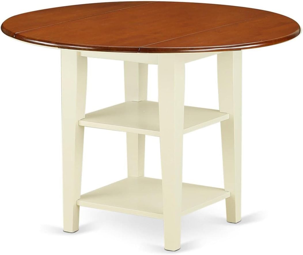 East West Furniture SUAV3-BMK-W 3 Piece Kitchen Table Set for Small Spaces Contains a Round Dining Table with Dropleaf & Shelves and 2 Dining Room Chairs, 42x42 Inch, Buttermilk & Cherry