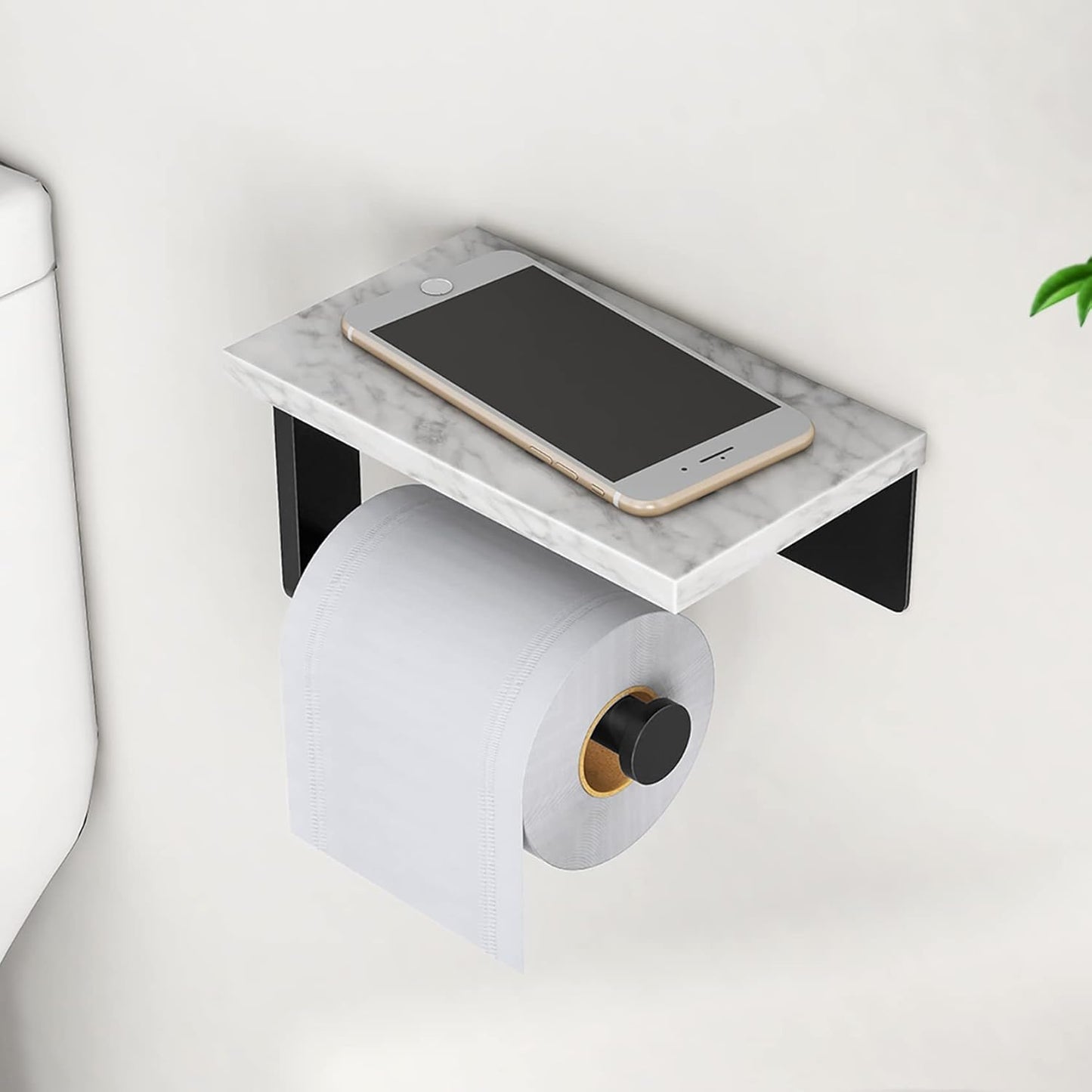 Marble Toilet Paper Holder with Shelf, 304 Stainless Steel Screw Wall Mounted, Tissue Roll Holder for Bathroom Washroom Matte Black