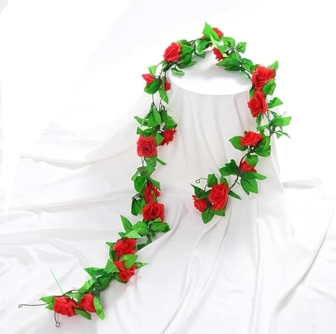 50FT Artificial Flowers Garlands Red 6PCS Silk Rose Hanging Vine with Green Leaves for Wedding Arch Party Christmas Home Decoration Flowers Arrangement