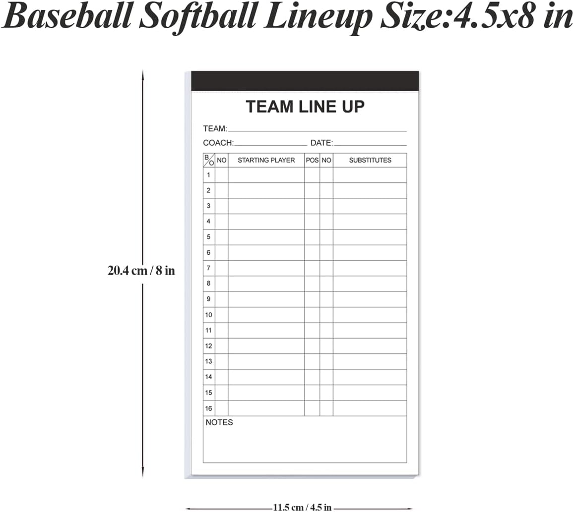 Baseball/Softball Lineup Cards, 4 Part Carbonless, 32 Player Roster Line up Sheets for Coaches, Team, Sports, 4.5" x 8"