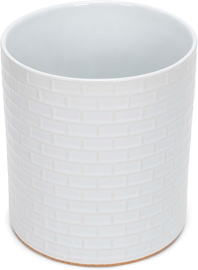 Elanze Designs Embossed Subway Tile Ceramic Stoneware Cork Bottom Kitchen Utensil Holder, White