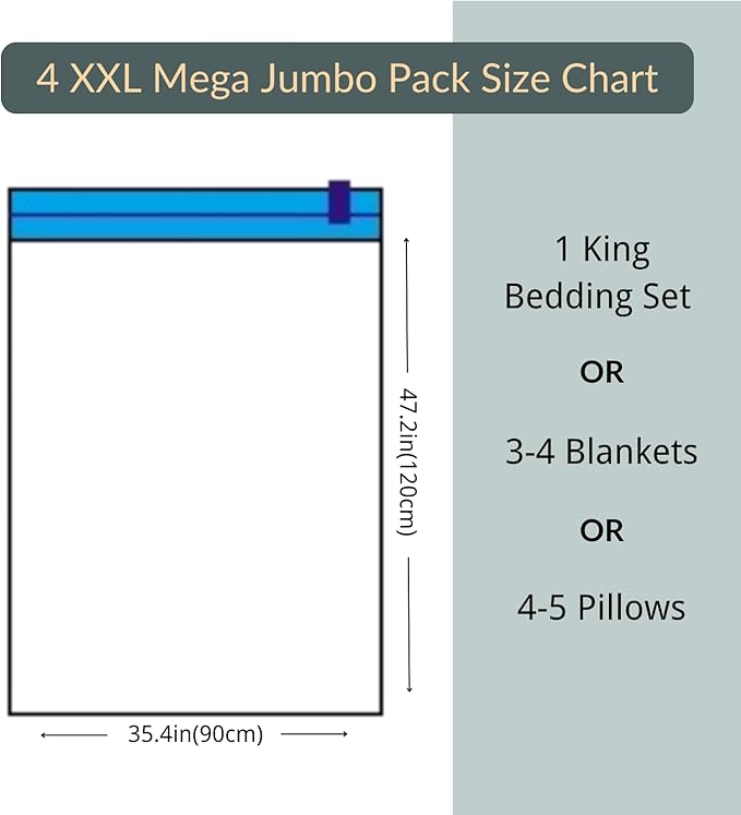 4 Mega Jumbo XXL Vacuum Storage Bags with Pump (47x35in), Supersized Compression Space Saver for Comforter, duvet, Bedding, Blanket storage, Vacuum Seal Bags for Clothing, Stuffed Toy, Cushions