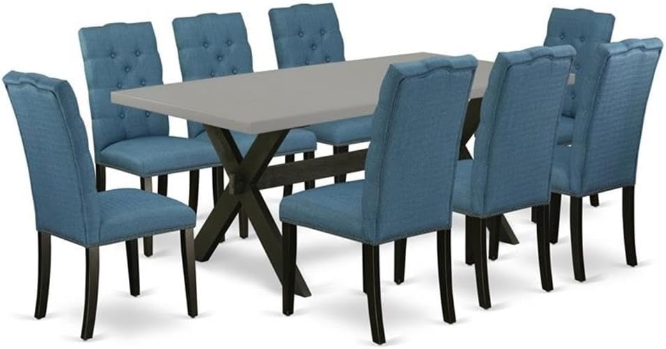 East West Furniture X697EL121-9 9 Piece Dining Room Furniture Set Includes a Rectangle Dining Table with X-Legs and 8 Blue Linen Fabric Upholstered Chairs, 40x72 Inch, Multi-Color
