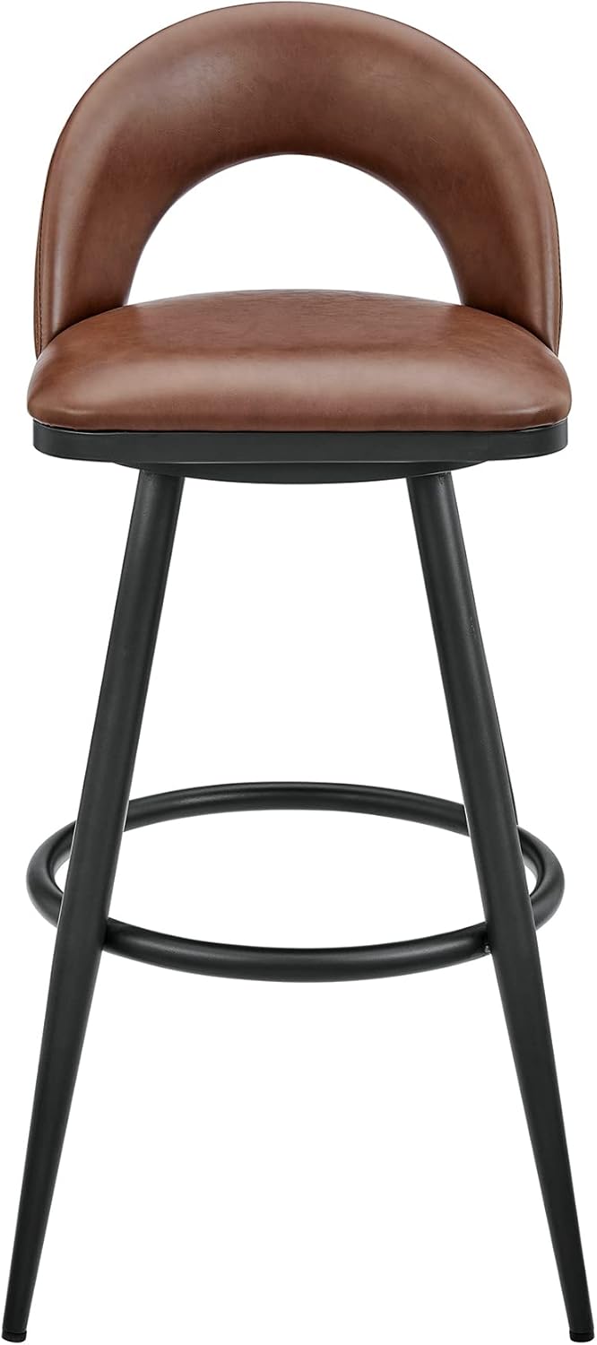 Armen Living Charlotte Swivel Bar Stool in Black Metal with Brown Faux Leather