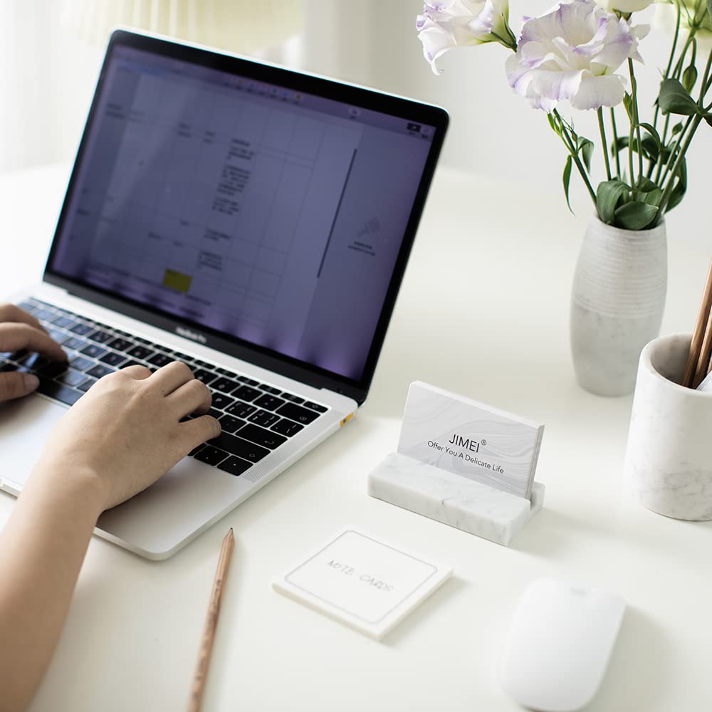 JIMEI Business Card Holder for Desk - Business Card Display Holder - Made of White Carrara Marble - Desk Organizer Stand for 25 Business Cards - Cute Office Desktop Accessory for Men and Women