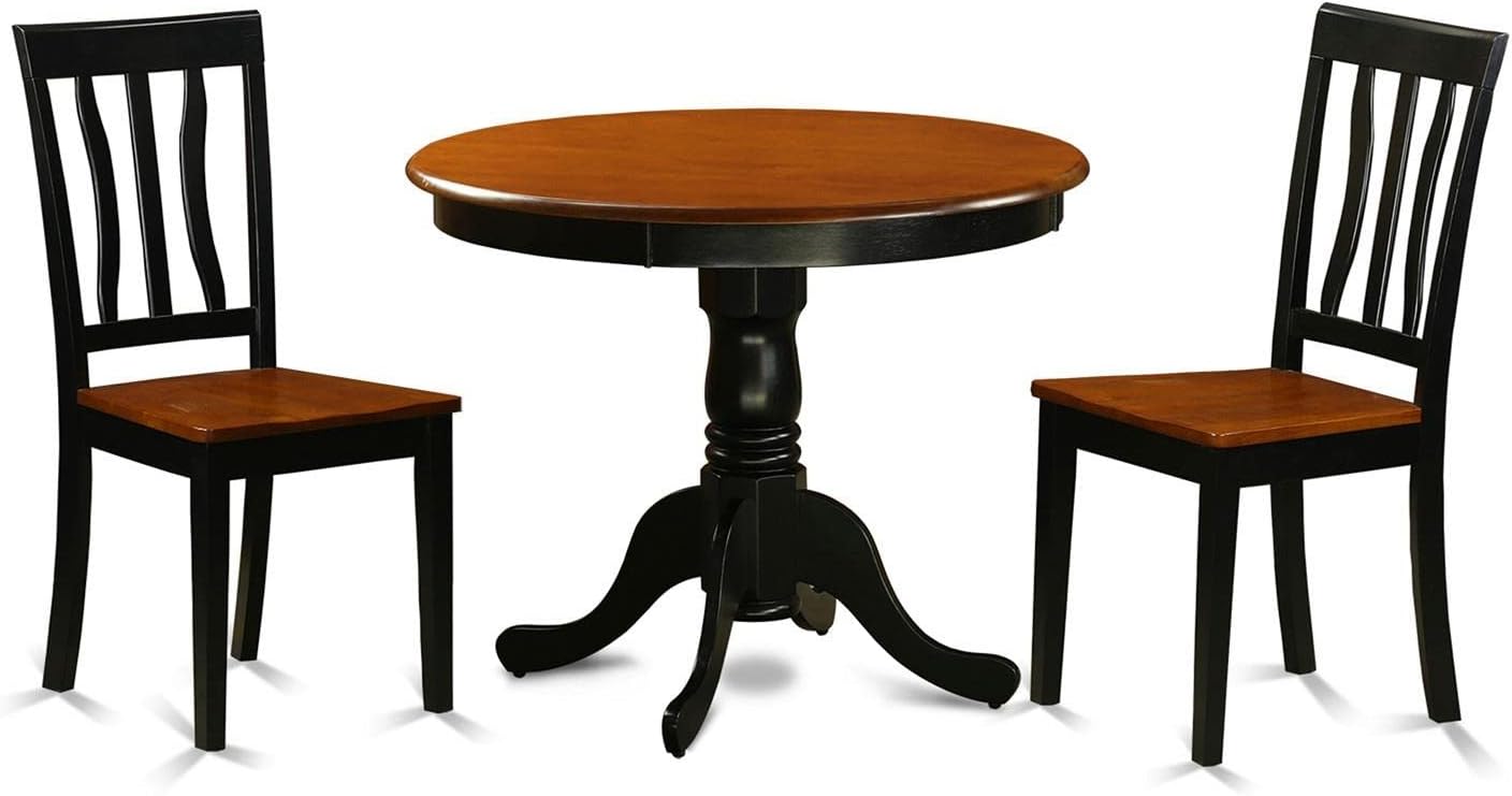 East West Furniture ANTI3-BLK-W 3 Piece Kitchen Table & Chairs Set Contains a Round Dining Room Table with Pedestal and 2 Solid Wood Seat Chairs, 36x36 Inch, Black & Cherry